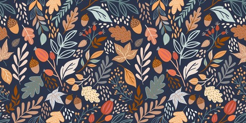 autumn seamless pattern with different leaves and plants, seasonal colors