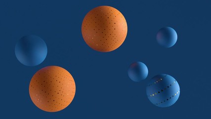 Fototapete - 3d render background with blue and orange spheres in front of blue wall with bump noise texture. Minimalistic. Geometric composition. Loopable animation sequence.