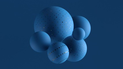 Fototapete - 3d render background with blue spheres in front of blue wall with bump noise texture. Minimalistic. Geometric composition. Loopable animation sequence.