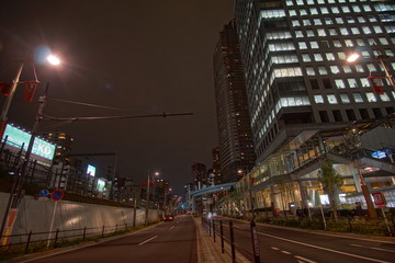 Night view of the business district in Tokyo Japan