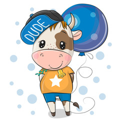 Sticker - Cute Cartoon Bull with blue balloon