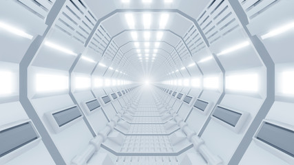 Fototapete - Tunnel in space ship, technology and futuristic concept, 3D rendering and illustration.