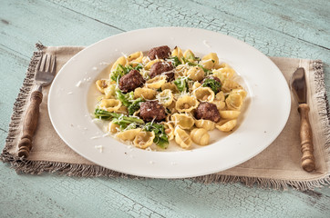 Canvas Print - Pasta with kale and meatballs