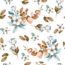 Hand Painted Watercolor Seamless Pattern Of Winter Flowers Of Cotton, Berries, Leaves And Branches. Illustration Isolated On White