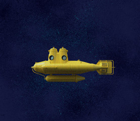 Yellow submarine, Underwater illustration on dark blue backgound. 3D rendering