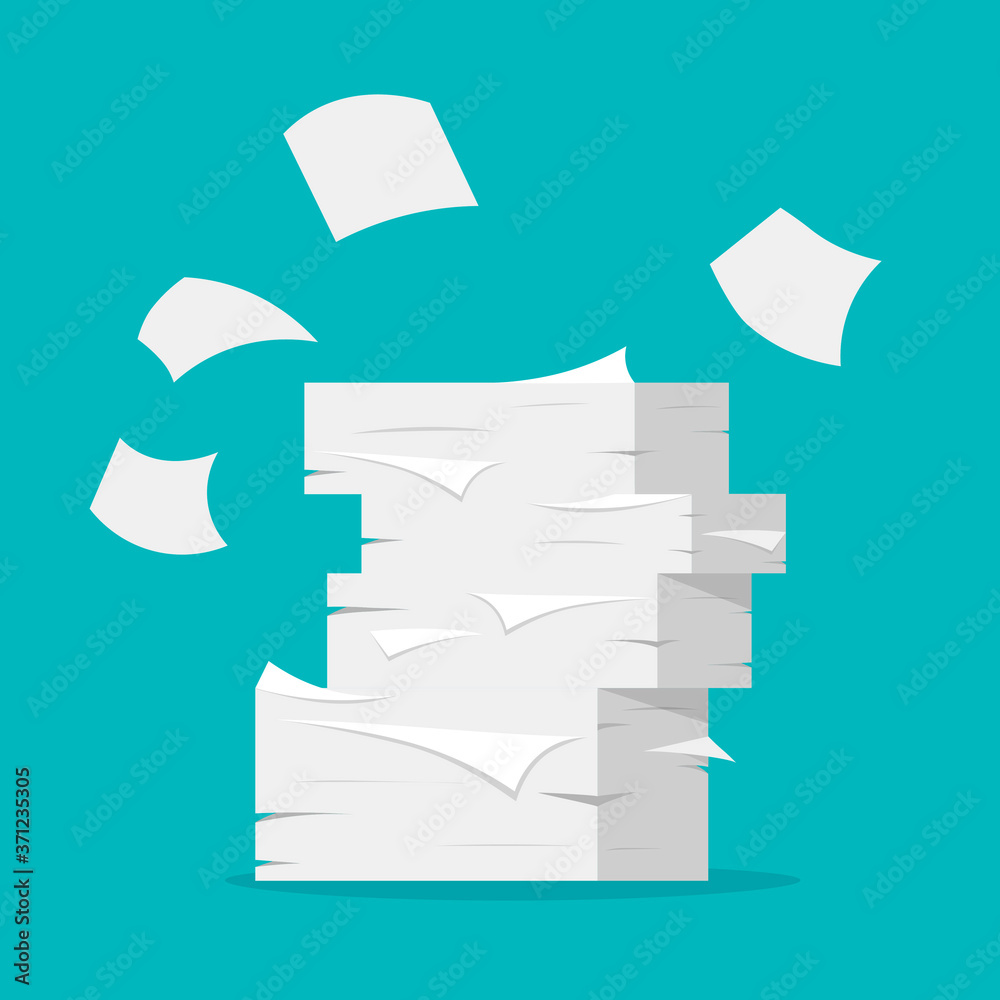 Paper Heap Paper sheets pile. Paperwork and office routine. Heap of white papers ...