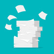 © Yuliia - Paper sheets pile. Paperwork and office routine. Heap of white papers on blue background in a flat trendy style.