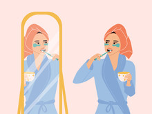 A Cute Girl In A Turban And A Dressing Gown Stands At The Mirror And Brushes Her Teeth, Holds A Mug In Her Hands. Daily Morning Routine, Care For Teeth And Beauty. Colorful Vector Flat Illustration.