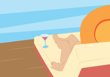 Vector Illustration Of A Woman Sitting On A Lounger Resting At Poolside, Summer Relaxation With A Cosmopolitan Cocktail