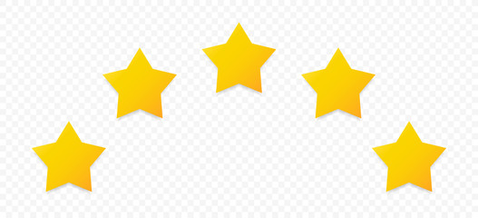 Quality rating symbols. A set of five-pointed yellow stars with a shadow arranged in an arc. Isolated on transparent background. Product quality assessment icons. Vector illustration.