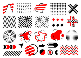 Wall Mural - red and black Memphis set, vector collection of abstract geometric flat shapes, circle, arrows, amoeba, dot gradient, waves, zigzags, fireball, isolated on white background