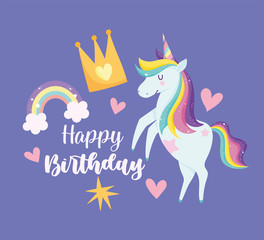 Sticker - unicorn with rainbow hair crown star hearts adorable fantasy cartoon card