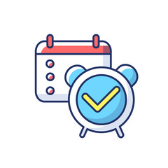 Sticker - Reminder check RGB color icon. Organizer checkmark. Meeting date in calendar. Schedule planning. Tick with mark. Alarm clock. Deadline countdown. Office planning. Isolated vector illustration