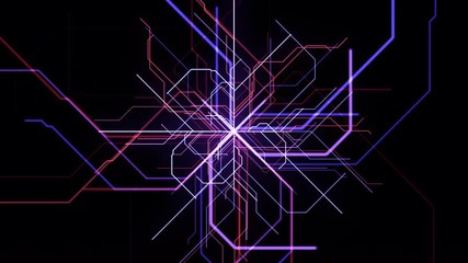 Poster - Neon lines drawing computer motherboard. Animation. Multi-colored neon lines create computer pattern. Electronic pattern of neon lines resembling electronic board