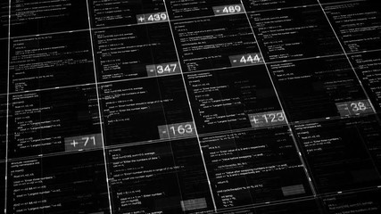 Poster - Computer codes in cells with numbers on black background. Animation. Lot of changing data in cells of table with deductions of numbers. Business table with digital data