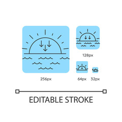 Poster - Sunset turquoise linear icons set. Sundown, weather forecasting. Sea, ocean at dusk. Sun setting. Thin line customizable 256, 128, 64 and 32 px vector illustrations. Contour symbols. Editable stroke