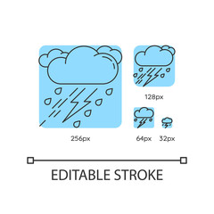 Wall Mural - Thunderstorm turquoise linear icons set. Bad weather, meteo forecast. Raining cloud with lightning. Thin line customizable 256, 128, 64 and 32 px vector illustrations. Contour symbols. Editable stroke