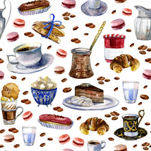 Watercolor Seamless Pattern With Bakery And Coffee Elements On White Background.Hand Painting Macaroon, Eclair,retro Coffee Maker,,coffee Cups,jam Jar,coffee Croissant. Wrapping Paper,Paris Breakfast.