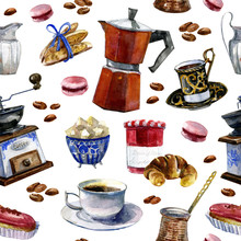 Watercolor Seamless Pattern With Bakery And Coffee Elements On White Background.Hand Painting Macaroon, Eclair,retro Coffee Grinders,cups,jam Jar,cake,coffee Maker,biscotti,croissant. Paris Breakfast.