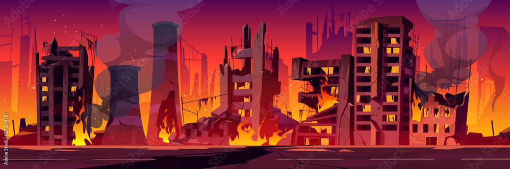 Vektor City in fire, war destroy, abandoned burning broken buildings ...