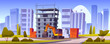 Construction site with unfinished house and excavator. Vector cartoon illustration of cityscape with building works, stacks of brick and digger. Process of house construction on town street