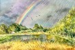 Watercolor rainbow over the lake. Summer background. Design element.