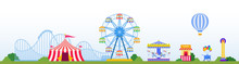 Amusement Park With Attractions, Carousels, Circus Tent Vector Illustration In Flat Design