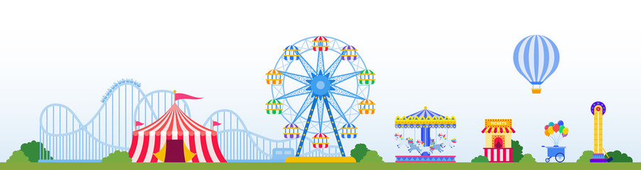 Amusement park with attractions, carousels, circus tent vector illustration in flat design