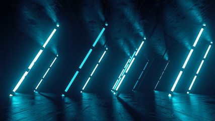 Poster - 3d render of futuristic neon glow scene on reflective floor and ceil with texture. abstract lamp.