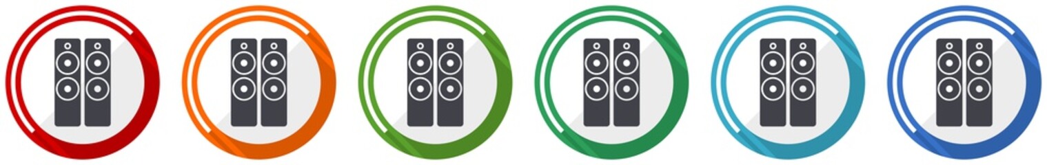 Poster - Set of music speakers, loudspeaker icon set, flat design vector illustration in 6 colors options for webdesign and mobile applications