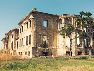 Wall Mural - Mystical Interior, ruins of facade of an abandoned ruined building of an ancient castle 18th century. Old ruined walls, corridor with garbage and mud. Ruins Ancient historic building destroyed by war