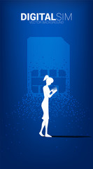 Poster - Silhouette of woman use mobile phone with digital sim from pixel transform. Concept for mobile technology and network.