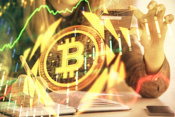 Aufkleber - Multi exposure of woman on-line shopping holding a credit card and crypto theme drawing. Blockchain E-commerce concept.