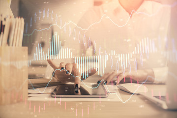 Poster - Double exposure of forex chart sketch hologram and woman holding and using a mobile device. Financial market concept.
