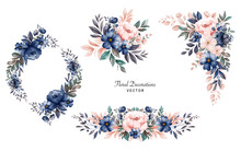 Set Of Watercolor Floral Frame Bouquets Of Navy And Peach Roses And Leaves. Botanic Decoration Illustration For Wedding Card, Fabric, And Logo Composition