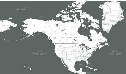 Wall Mural - North American Countries Map. 
The main boundary map of Canada, the United States, Greenland, and Mexico.