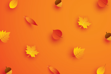 Wall Mural - autumn leaves in paper art style on orange background.