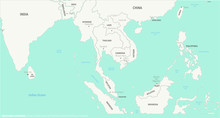 Indochina Countries Map. Detailed World Map Vector With Country,Capital,City Names.