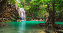 Beautiful Nature Scenic Landscape Erawan Waterfall In Deep Tropical Jungle Rain Forest, Attraction Famous Landmark Tourist Travel Kanchanaburi Thailand Vacation Trips, Tourism Destinations Place Asia