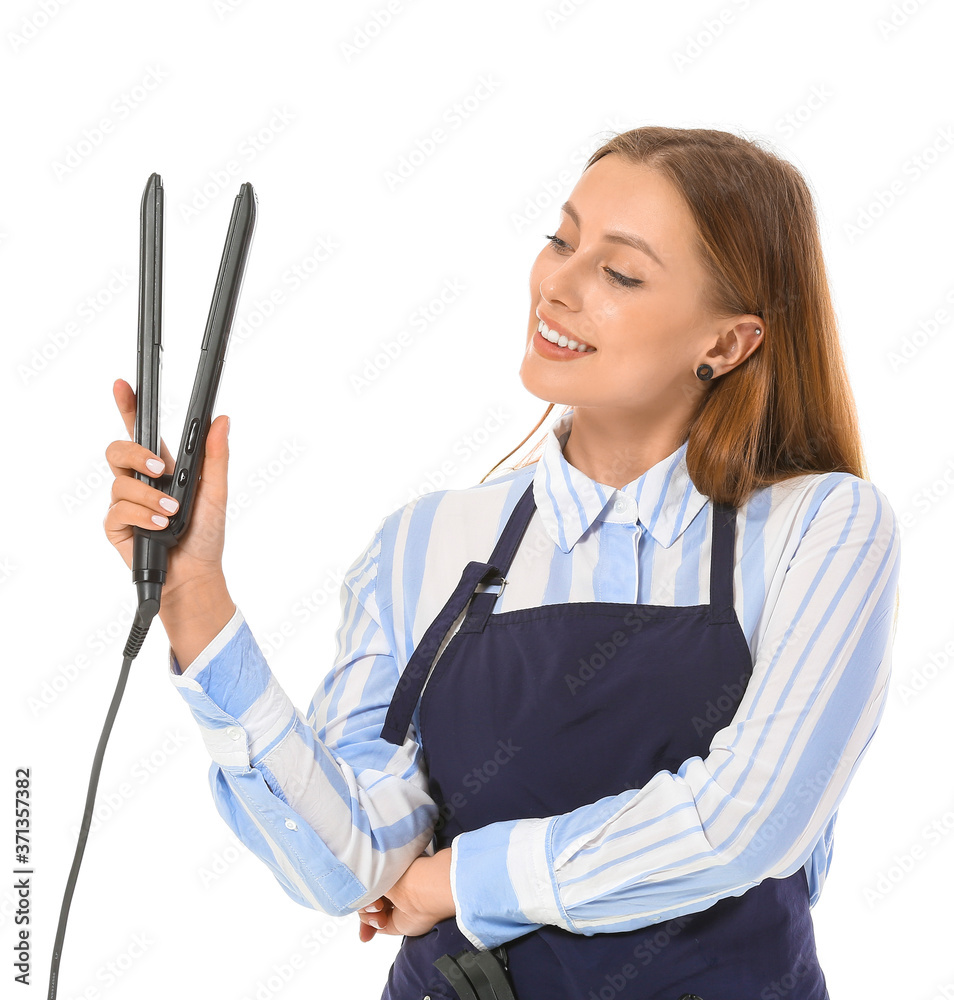 Female hairdresser on white background