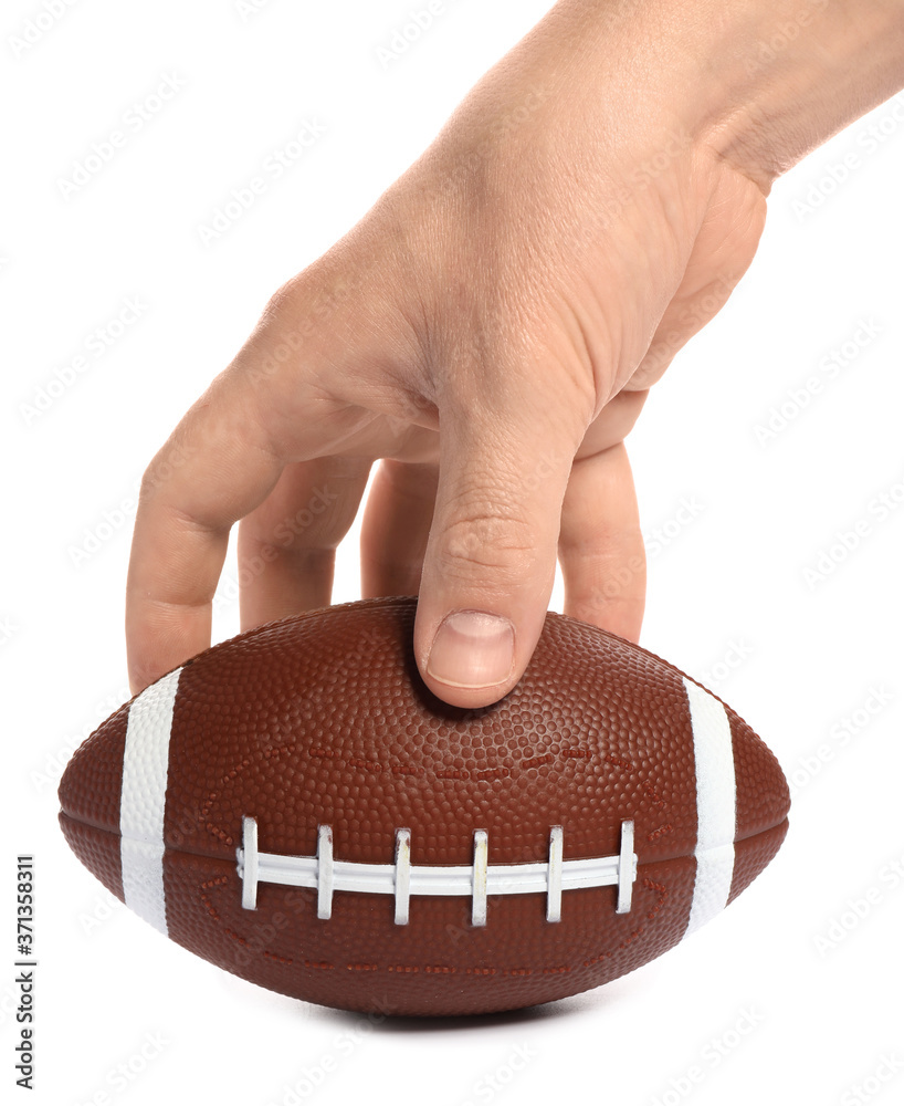 Male hand with rugby ball on white background