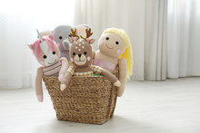 Funny Toys In Basket On Floor. Decor For Children's Room Interior