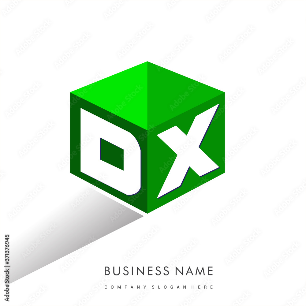 Letter DX logo in hexagon shape and green background, cube logo with ...