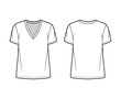 © Vectoressa - Cotton-jersey t-shirt technical fashion illustration with deep V-neck, short sleeves, tunic length, oversized. Flat outwear basic apparel template front, back, white color. Women men unisex top mockup