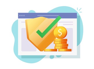 Poster - Web digital money insurance financial protection online guarantees, internet cash secure investment safety check vector flat illustration, electronic currency wealth shield icon modern