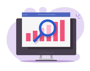 Poster - Financial audit sales research analysis report online on desktop computer pc web analytics digital report vector flat, accounting finance market statistic inspection concept modern design