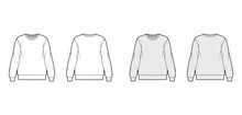 Cotton-terry oversized sweatshirt technical fashion illustration with relaxed fit, crew neckline, long sleeves. Flat jumper apparel template front, back white, grey color. Women, men, unisex top CAD