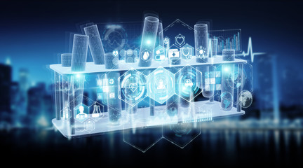 Poster - Medical analysis tubes samples holographic projection on blue background 3D rendering