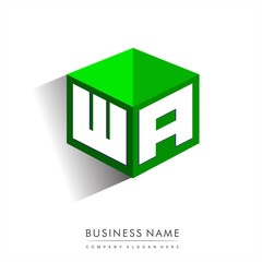 Letter WA logo in hexagon shape and green background, cube logo with letter design for company identity.