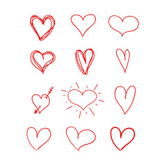 Wall Mural - vector hand drawn heart, red color, design elements set, freehand rough marker drawings isolated on 